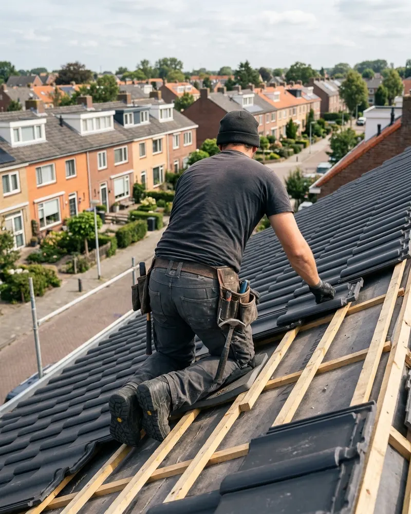 Dakdekker aan het werk tijdens een pannendakrenovatie
