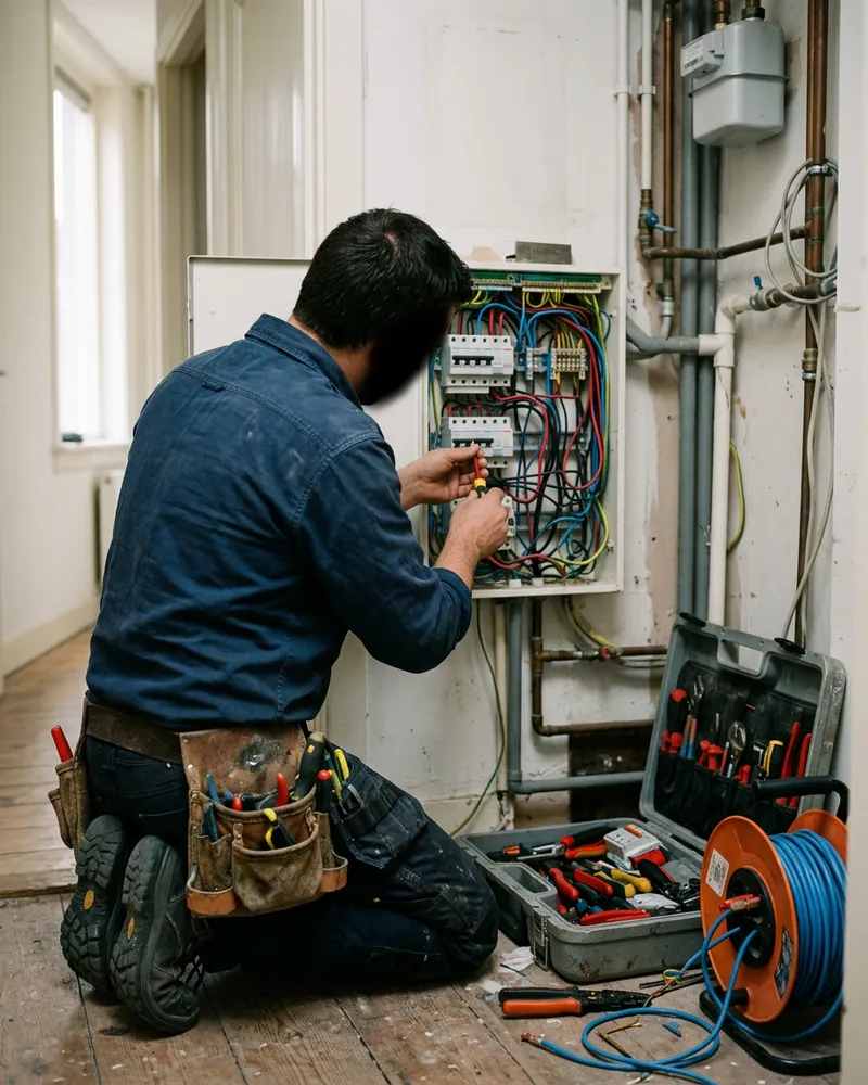Elektricien aan het werk aan een groepenkast