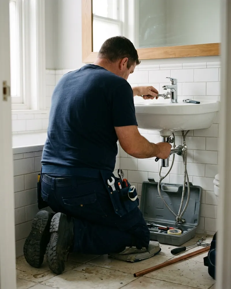 Loodgieter aan het werk aan een badkamerinstallatie
