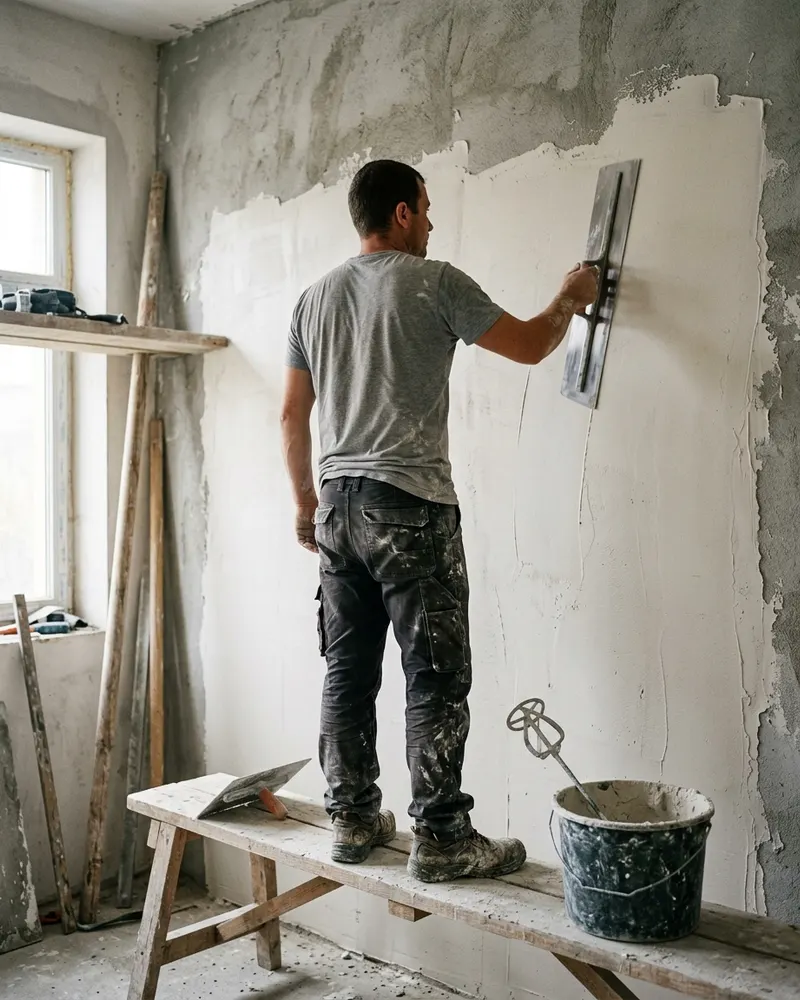 Stukadoor aan het werk aan een wand